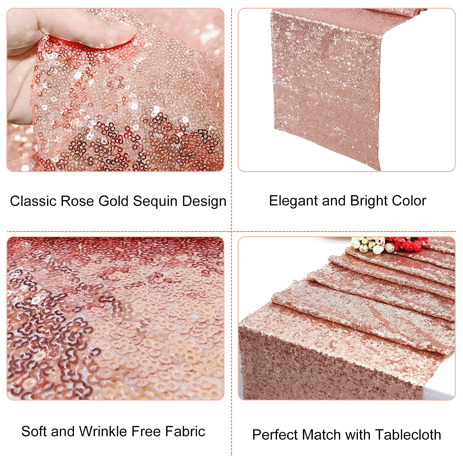 Rose Gold Sequin Table Runner Set - White & Rose Gold Party Decorations, Disposable Plastic Tablecloth for Wedding, Birthday, Anniversary - Perfect for Dining Tables, Buffets, and Special Events
