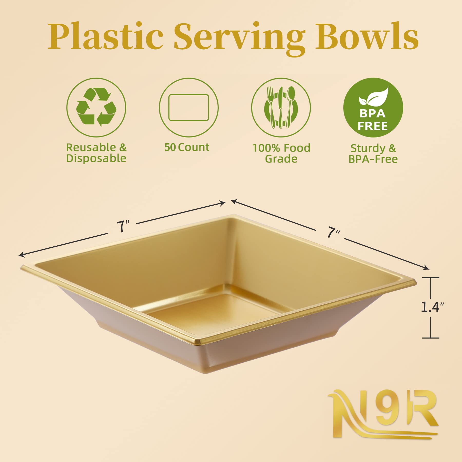 12oz Gold Plastic Bowls - 50 Pack Disposable Square Serving Bowls for Parties, Weddings & Birthdays