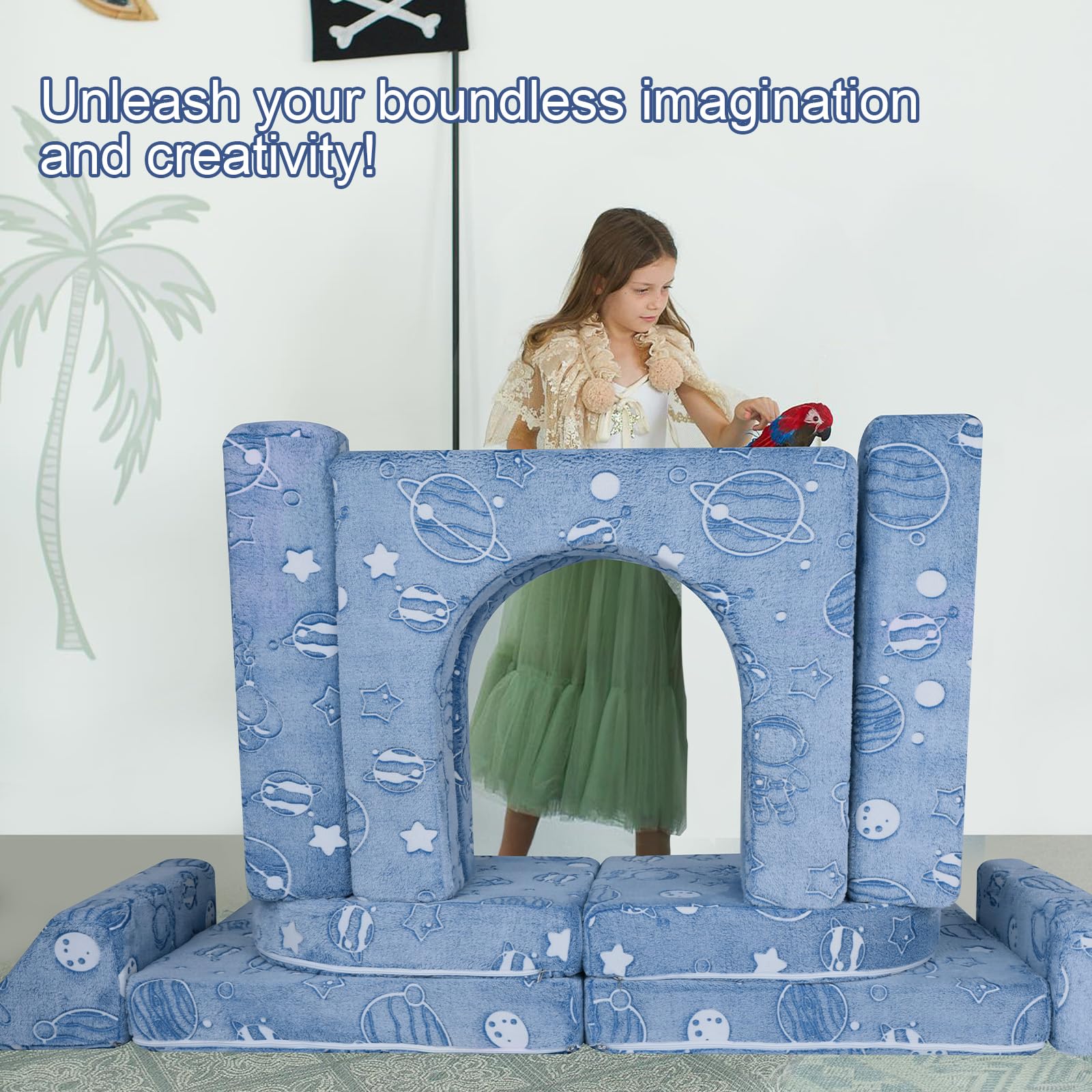 MeMoreCool Kids Couch - 10-Piece Modular Play Sofa for Boys & Girls | Foldable Playroom Furniture | Glow-in-the-Dark Space Theme | Perfect for Playrooms, Bedrooms & Daycare Centers