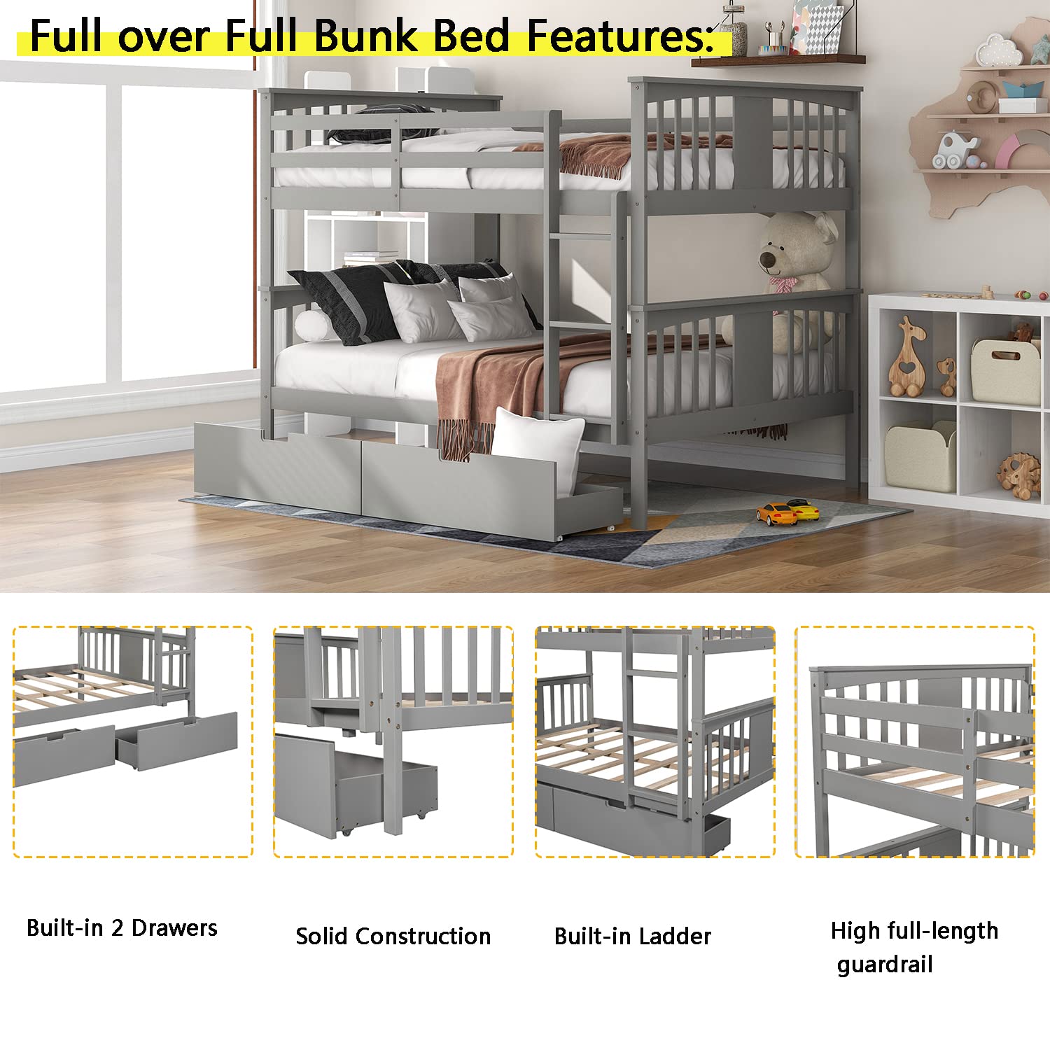 Full Over Full Bunk Beds with 2 Drawers for Kids Teens Adults - Detachable Wooden Bunk Bed Frame for Boys Girls Women Men in Gray - Perfect for Small Spaces, Guest Rooms & Shared Kids Bedrooms