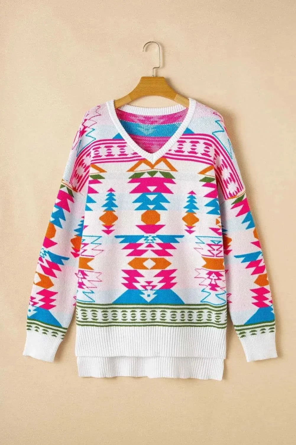 Stylish Geometric V-Neck Sweater for Women - Trendy Knit Pullover for Casual Outfits & Office Wear