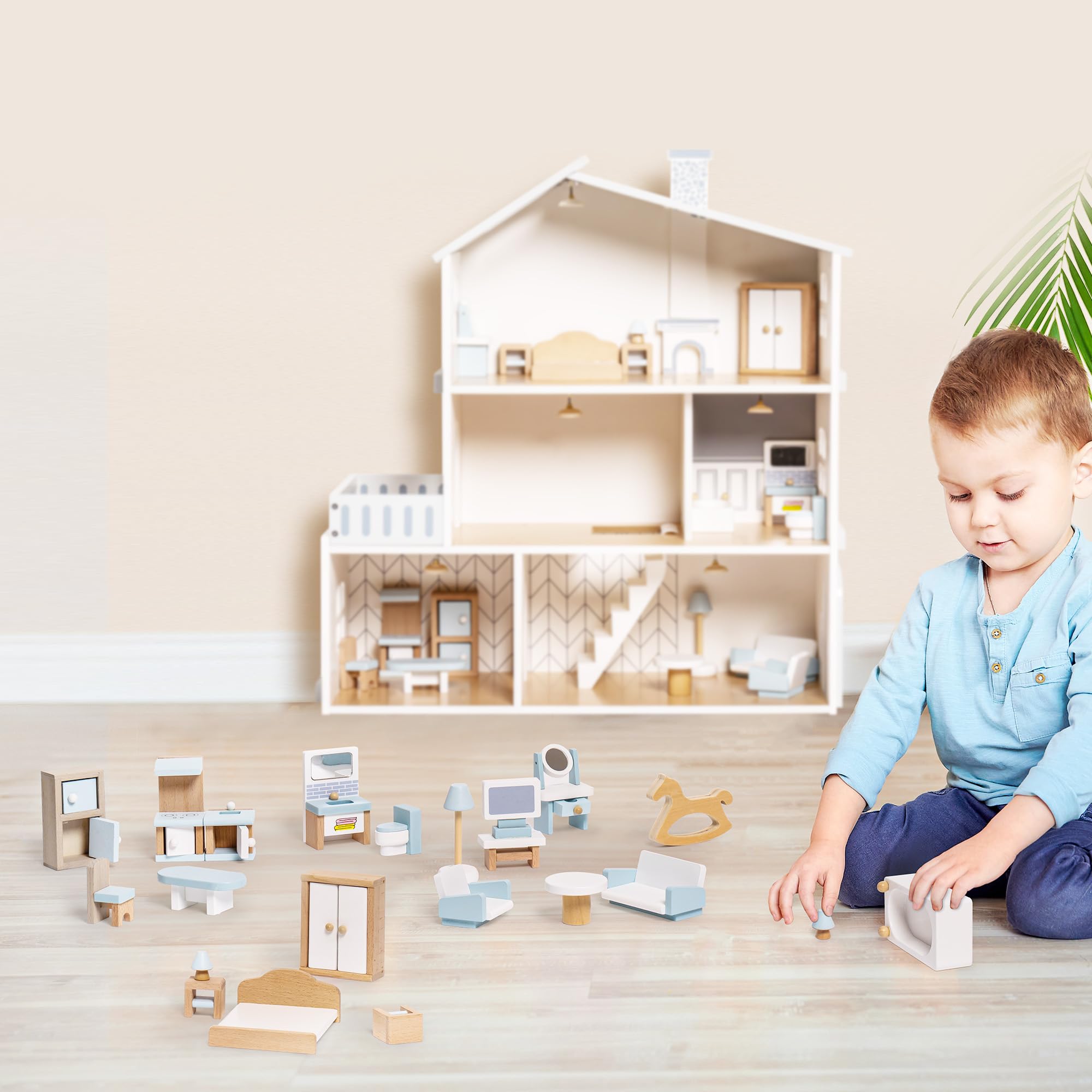 ROBUD 23-Piece Wooden Dollhouse Furniture Set - Miniature Doll Accessories with 5 Room Kits, Pretend Play Toys for Boys & Girls Ages 3+ | Perfect for Imaginative Play, Gift Giving & Home Decor