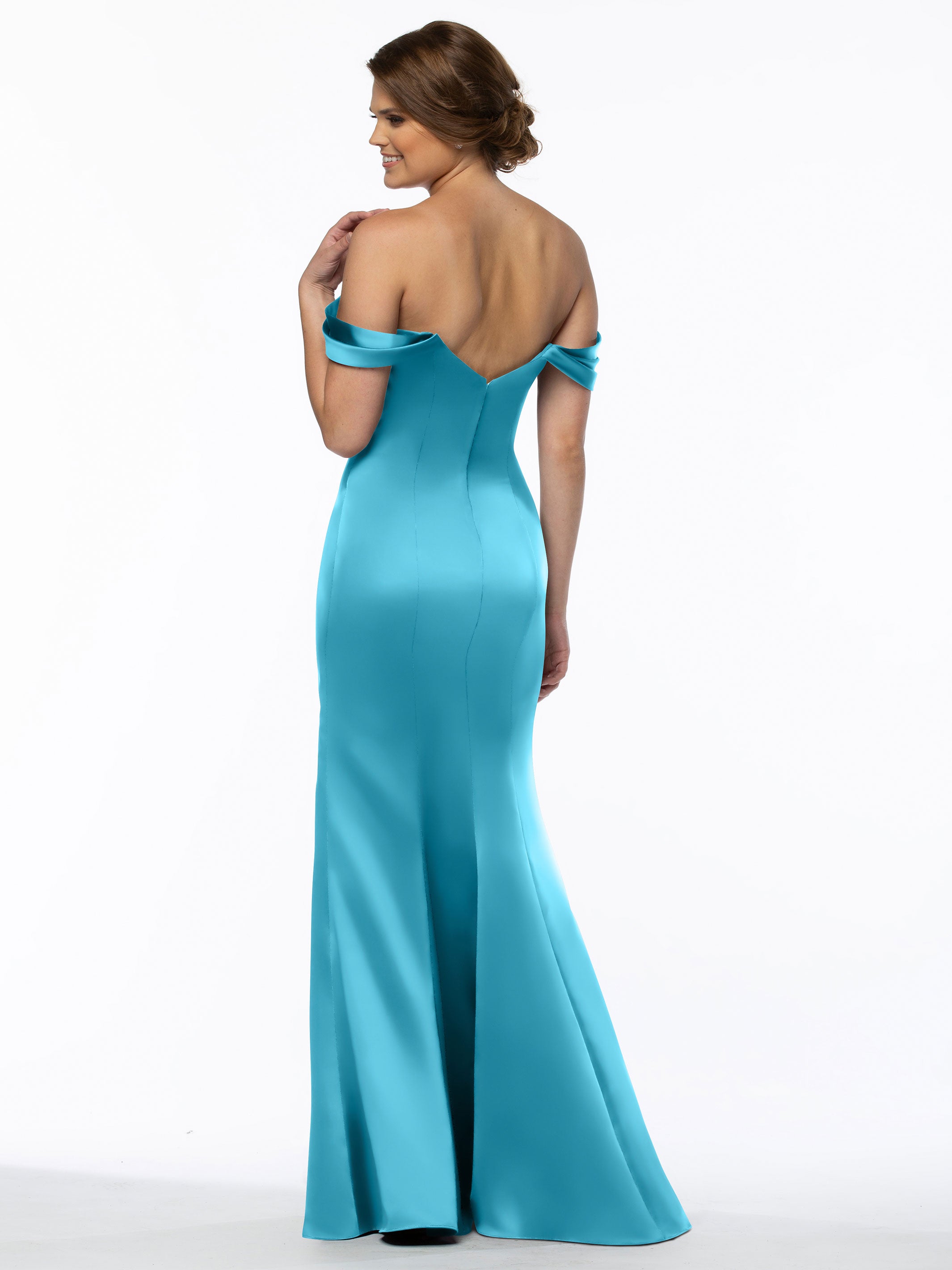 Elegant 80151 Fitted Satin Bridesmaid Dress with Off-The-Shoulder Sleeves - Perfect for Weddings, Formal Events & Special Occasions