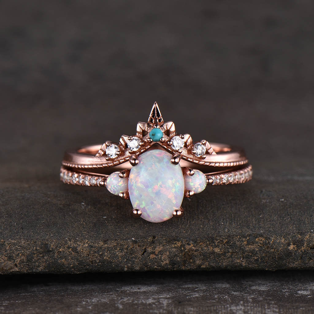 Three Stone Opal Engagement Ring Set - 14k/18k Rose Gold Bridal Jewelry for Women | Perfect for Proposals, Weddings & Anniversary Gifts