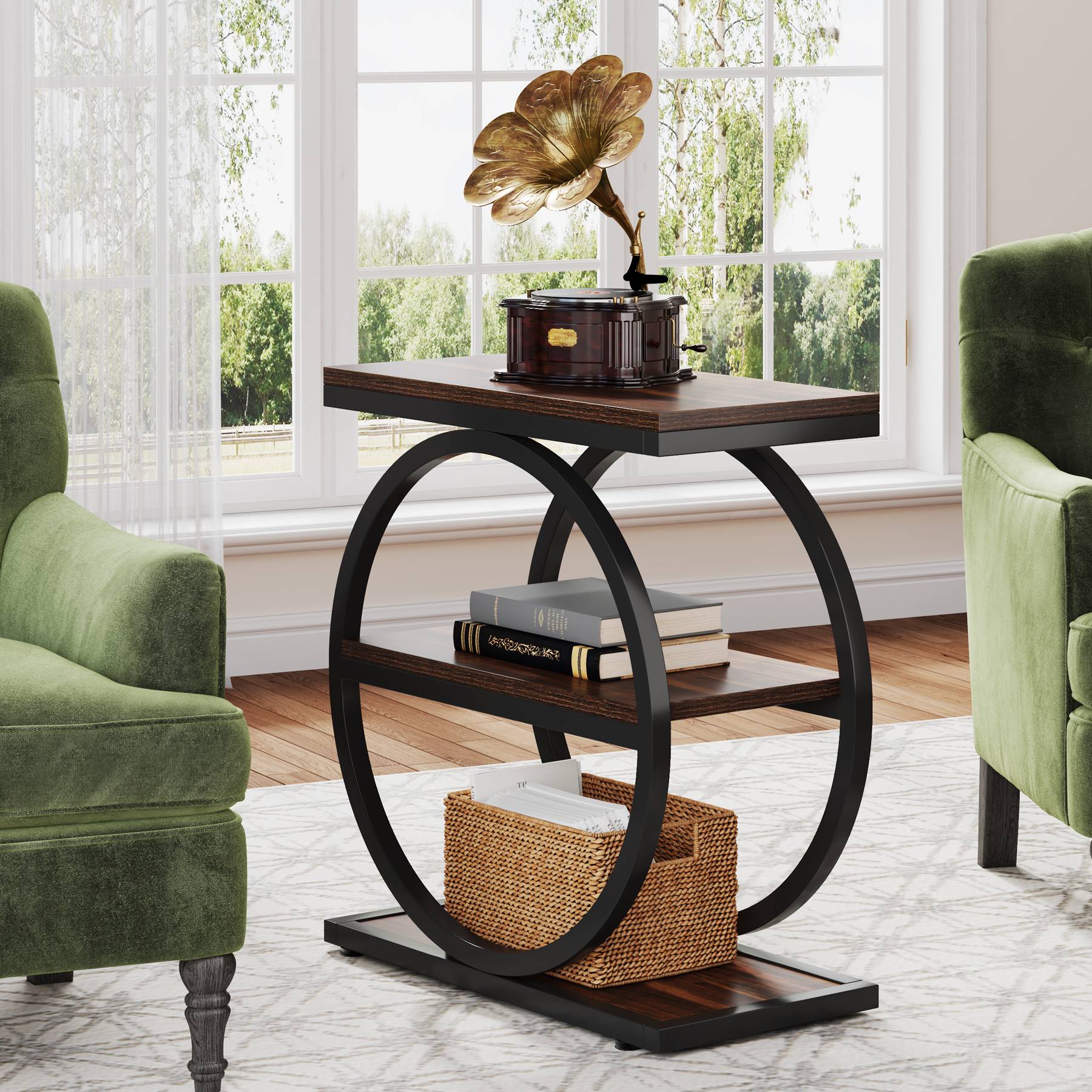 3 Tier End Table with Round Metal Frame - Industrial Style Sofa Side Table for Living Room, Bedroom & Office - Sturdy & Space-Saving Home Decor