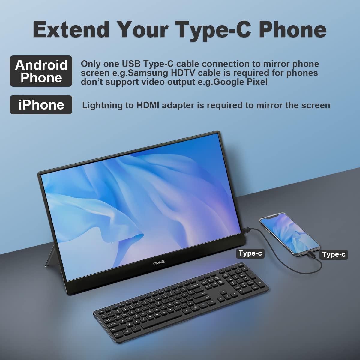 ERKE 13.3 Inch Portable USB C Monitor - 1080P FHD HDR IPS Ultra-Slim External Display for Laptop, Phone, Xbox, Switch & PS5 with Smart Cover & Screen Protector (USB-C/HDMI Input) - Perfect for Work, Gaming & Travel