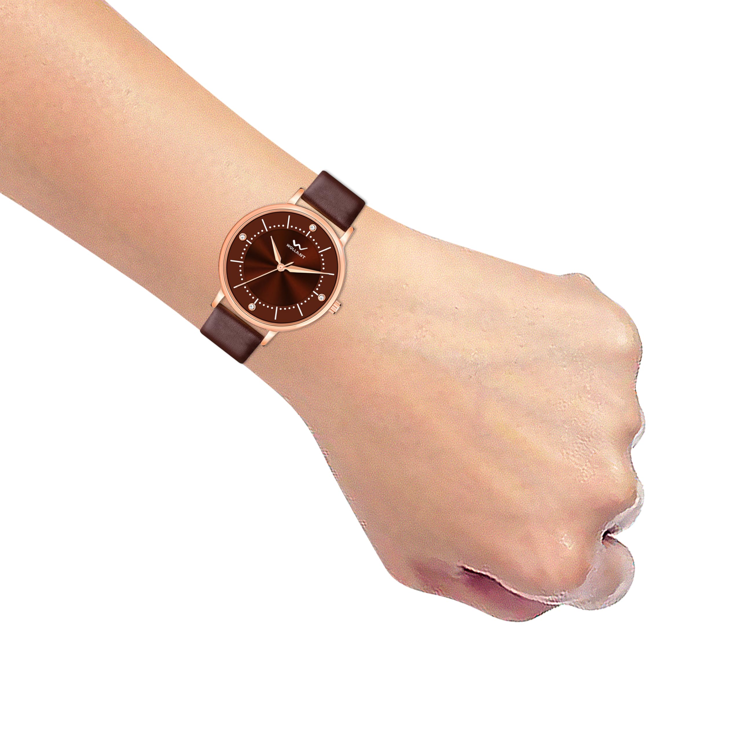 Wollant Women's Diamond Watch - Rose Gold/Silver Leather Strap for Office & Party