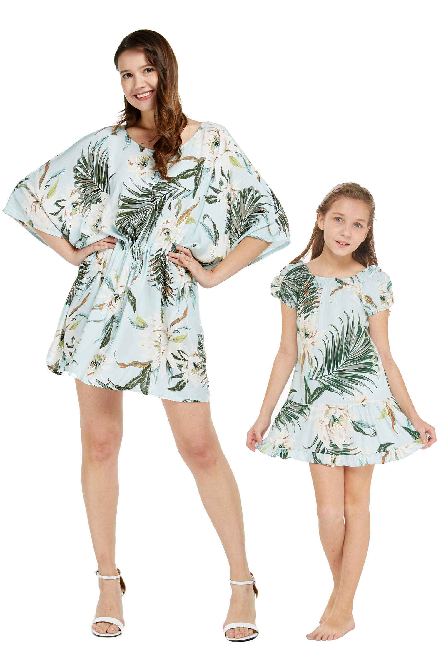 Mother & Daughter Matching Hawaiian Luau Poncho Dress - Light Blue Floral Muumuu for Beach Vacation, Family Photos & Tropical Parties