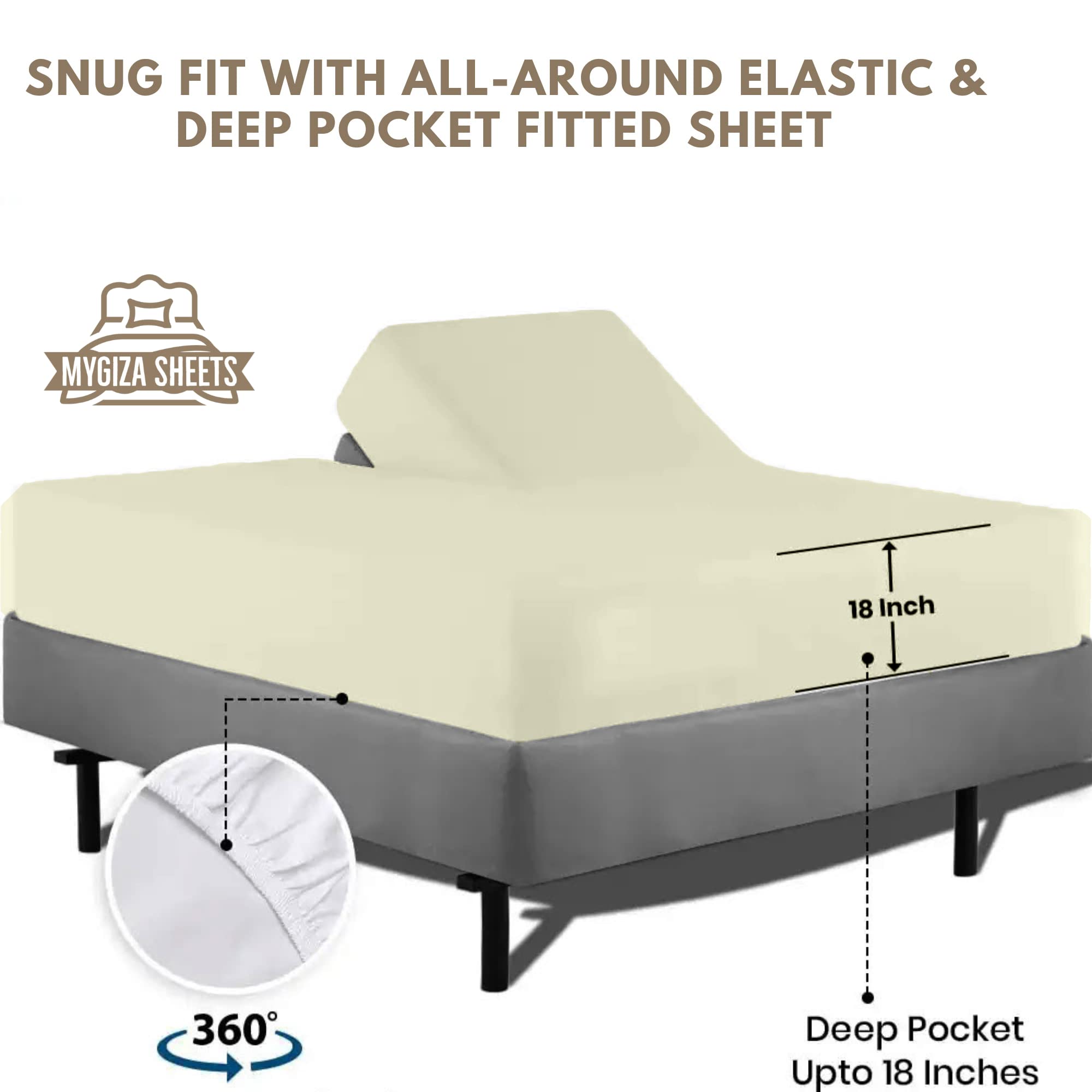 Split King Sheet Set 4-Piece - 34 Inch Deep Pocket Fitted Sheet, 16 Inch Adjustable Bed Sheets - Soft Ivory Down Alternative Bedding for Comfortable Sleep