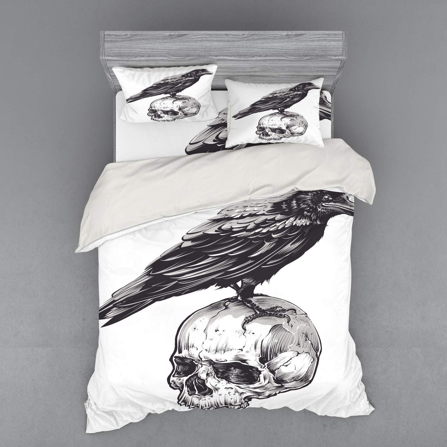 Ambesonne Scary Bedding Set - Crow on Human Skull Sketch Design, 4-Piece Duvet Cover Set with Shams & Fitted Sheet, Queen Size, Charcoal Grey & White - Perfect for Halloween Decor, Horror Movie Nights & Gothic Bedroom Themes