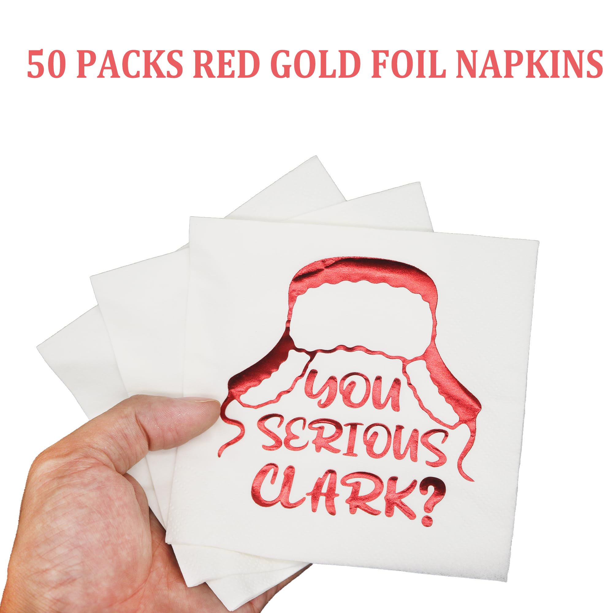 Funny Christmas Napkins - 'You Serious Clark?' Holiday Party Decorations - Red Foil 5x5 Inch Napkins (50-Pack) for Christmas Vacation Themed Parties, Family Gatherings & Office Celebrations