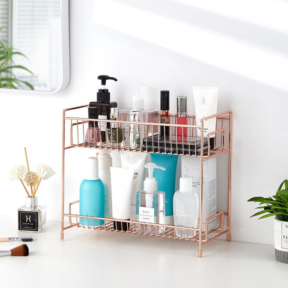 FOMIYES 2-Tier Wire Vanity Organizer Tray - Rose Gold Cosmetic Storage Shelf for Makeup, Jewelry & Bathroom Essentials | Perfect for Dresser, Vanity Table & Kitchen Countertop Organization