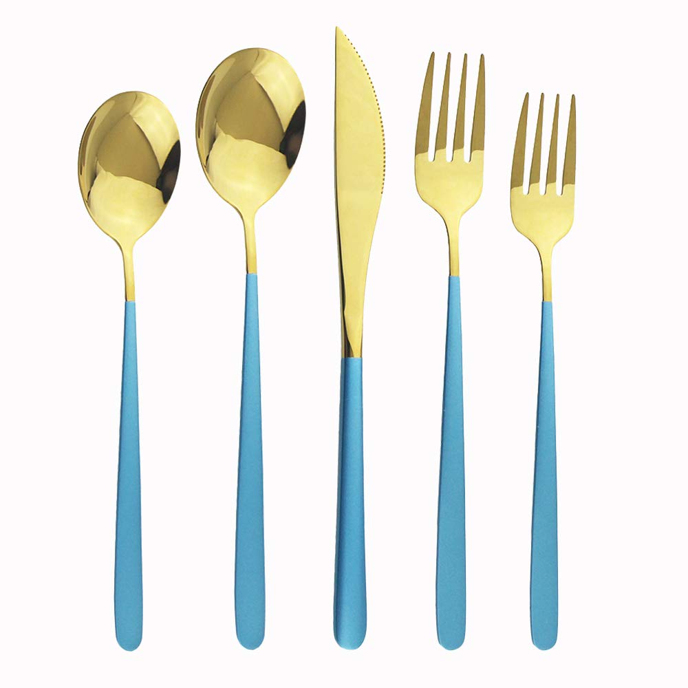 Premium 20-Piece Silverware Set in Blue Gold - 304 Stainless Steel Flatware Cutlery Set for 4 People - Dishwasher Safe & Mirror Polished - Includes Dinner Knives, Forks & Spoons - Perfect for Restaurants, Weddings, Dinner Parties & Home Use