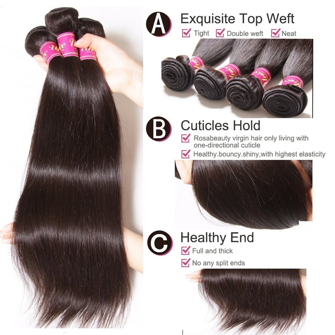 UNICE 10A Malaysian Straight Virgin Human Hair Weave Extensions - 4 Bundles Unprocessed 100% Human Hair (24