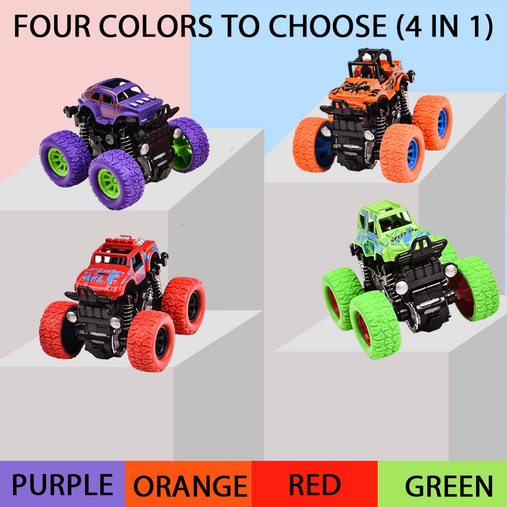 4 Pack Pull Back Monster Trucks for Kids - 360° Rotating Wheels, Durable Friction Powered Push & Go Toy Vehicles - Gift for Boys & Girls Ages 3-8 - Perfect for Indoor Play, Birthday Parties & STEM Learning