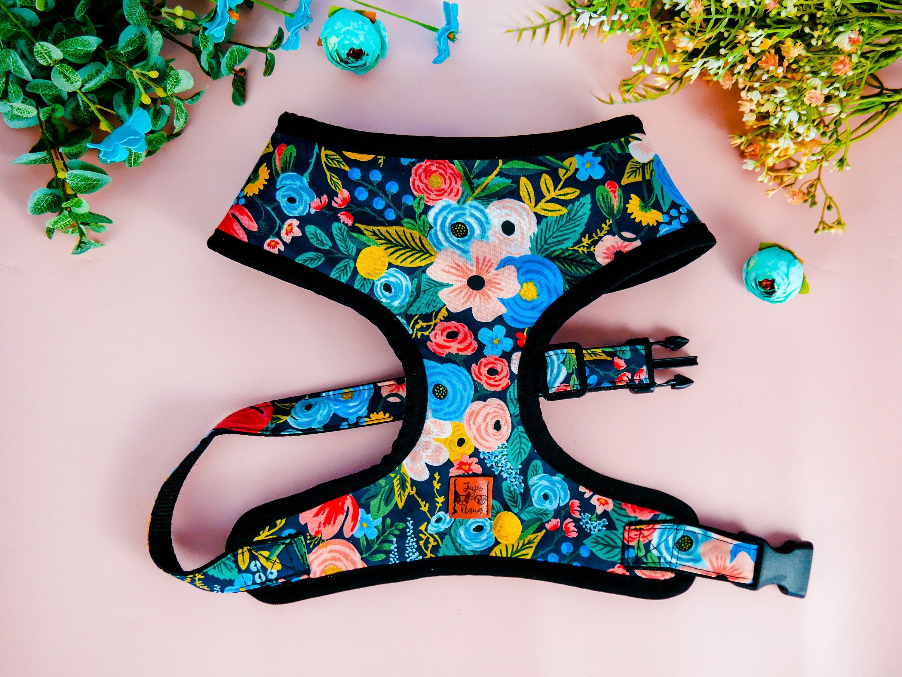 Rifle Paper Co Dog Harness - Navy Floral Garden Party Design, Adjustable Pet Harness for Small & Medium Dogs - Perfect for Walks, Hiking & Outdoor Adventures