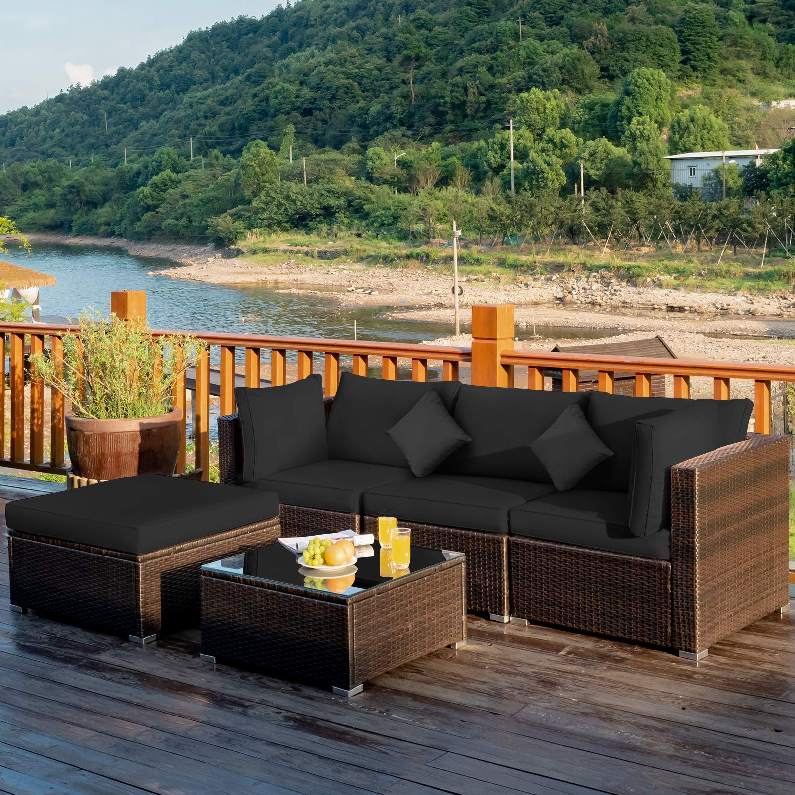 **Tangkula 5-Piece Patio Rattan Furniture Set - Outdoor Sectional Sofa with Cushions & Tempered Glass Table - Wicker Conversation Set for Backyard, Porch, Poolside (Black) - Perfect for Relaxing & Entertaining Outdoors**