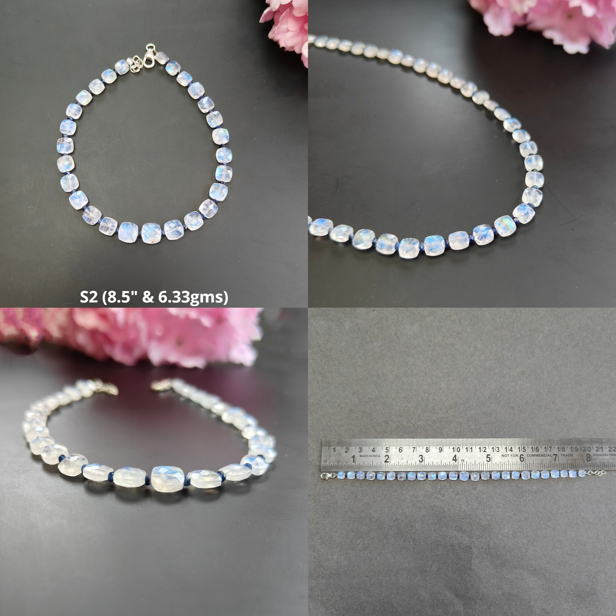 Rainbow Moonstone & Blue Sapphire 925 Sterling Silver Beaded Bracelet - Gemstone Beads Briolette Checker Cut for Women's Jewelry, Gift & Spiritual Healing | Perfect for Meditation, Yoga & Boho Fashion