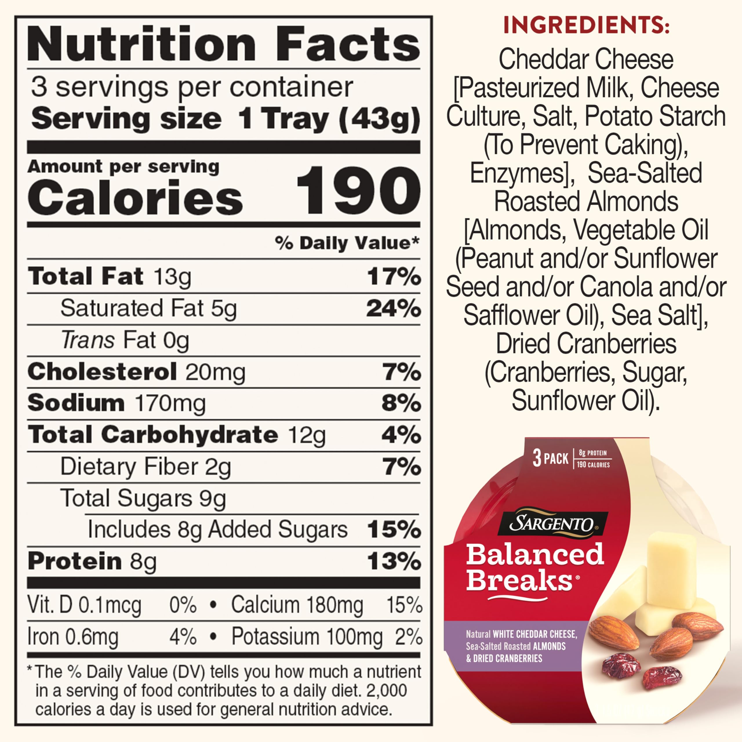 Sargento Balanced Breaks Snacks - Natural White Cheddar Cheese, Sea-Salted Roasted Almonds & Dried Cranberries (3-Pack) | Healthy On-The-Go Snack for Work, School & Travel