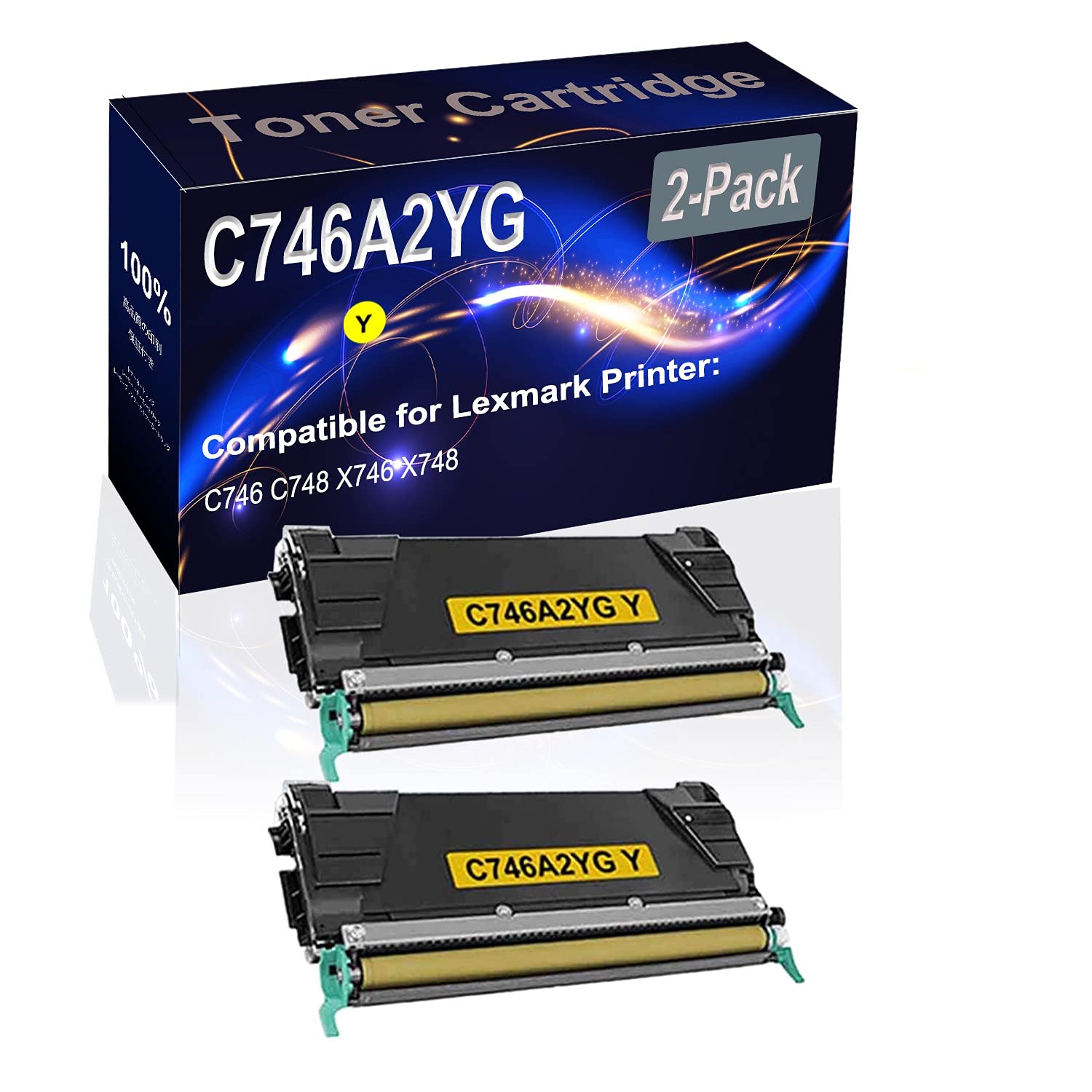 2-Pack High Yield C746A2YG Yellow Toner Cartridge - Compatible with HP C746, C748, X746, X748 Printers - Ideal for Office & Home Printing, High Volume Documents & Professional Projects