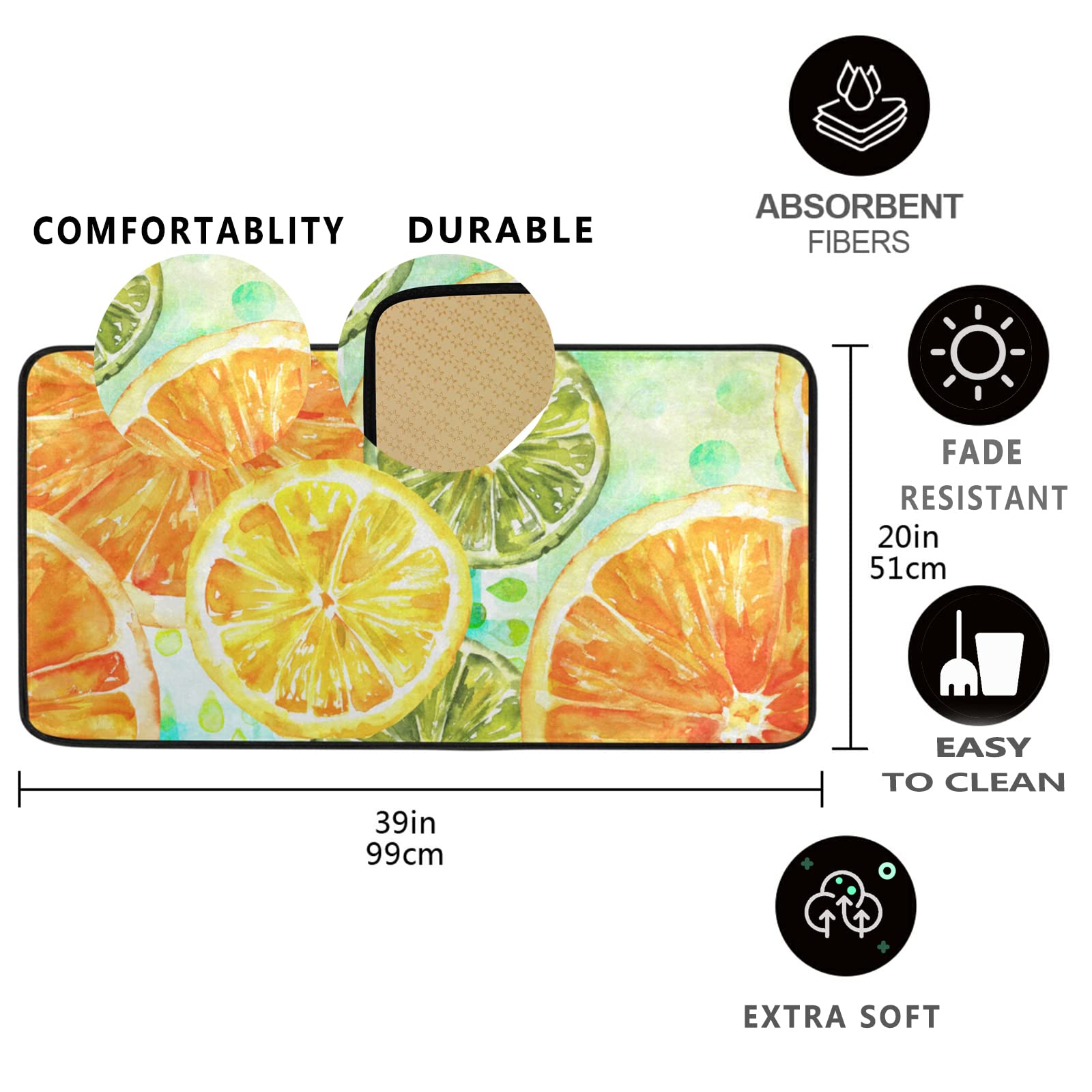 Lemon Kitchen Mat - Non-Slip Anti Fatigue Washable Floor Rug for Kitchen, Bath, Sink - 39x20 Inch Orange Decor Mat - Perfect for Home, Office & Entryway