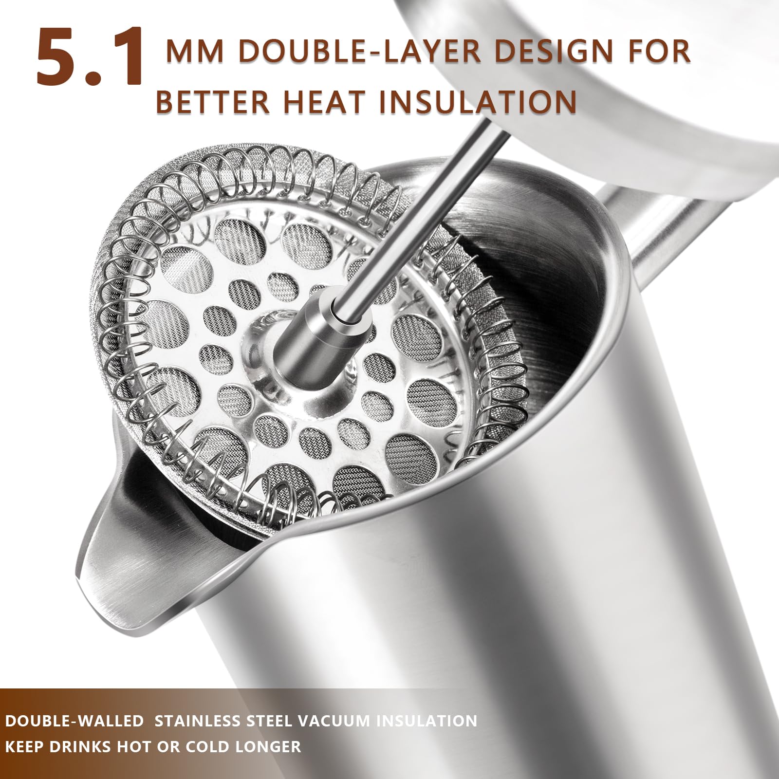 12 OZ Stainless Steel French Press Coffee Maker - Insulated & Durable for Hot Brews - Perfect for Camping, Travel, Kitchen & Office - 350ml (1-2 Cup) Silver Coffee Press - Ideal for Home Use, Gifts & Outdoor Adventures