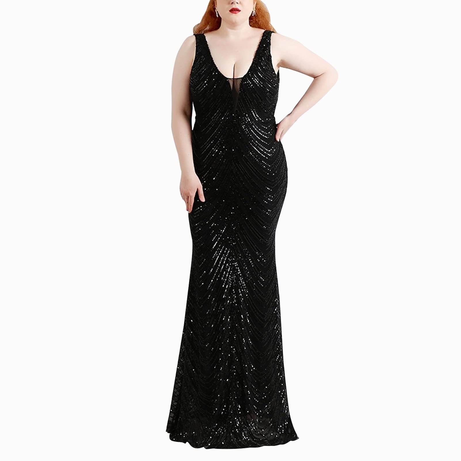 Elegant Plus Size Sequin Mermaid Evening Gown for Women 2024 - Black Bridesmaid Prom Dress US Size 16W | Perfect for Weddings, Parties & Formal Events