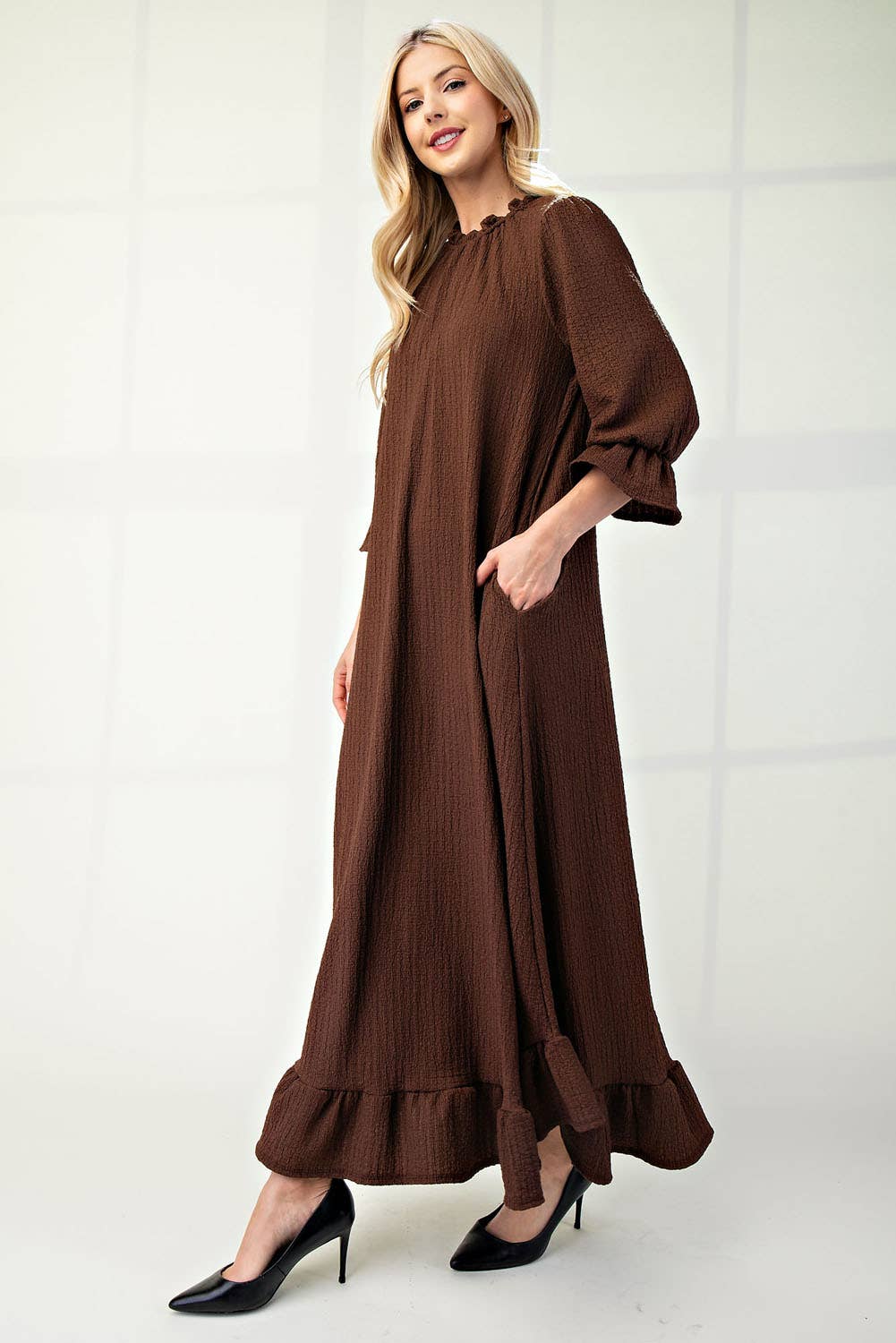 Plus Size Maxi Dress with Puff Sleeves - Brown Flowy Long Dress for Women 1XL | Casual Summer Dress for Beach, Party & Everyday Wear