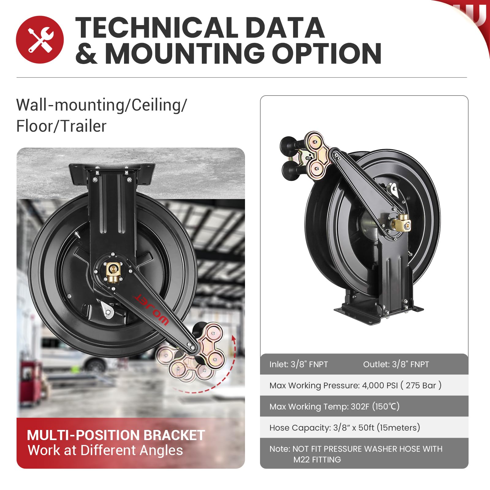 **50 ft x 3/8 in Heavy Duty Steel Pressure Washer Hose Reel - Retractable for Water, Air & Oil - Dual Arm Auto Rewind, Max 4000PSI (Hose Not Included) - Perfect for Car Washing, Home Cleaning & Industrial Use**