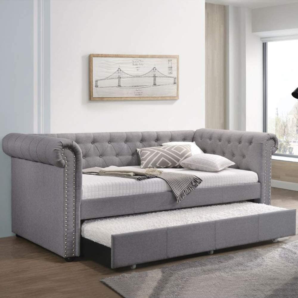 Harper & Bright Designs Upholstered Twin Daybed with Trundle - Twin Size Bed with Slat Support, Nailhead Trim & Rolled Arms - Convertible Sofa Bed for Living Room, Bedroom or Guest Room (Smoke Gray Fabric) - Perfect for Small Spaces & Sleepovers