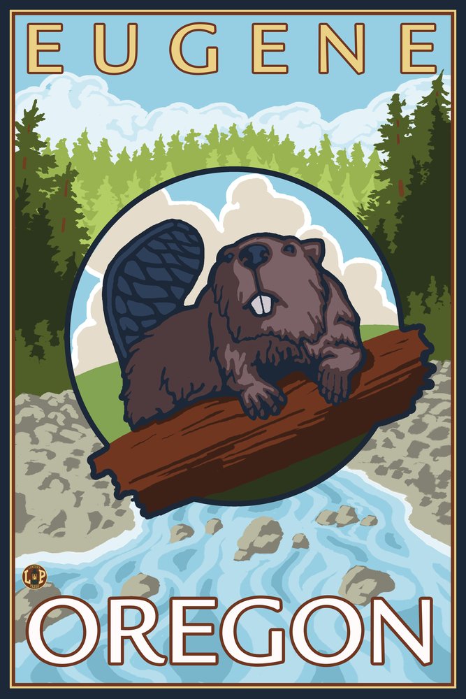 Beaver and River Eugene Oregon - 12x18 Gallery Quality Metal Wall Art, Aluminum Home Decor for Living Room, Bedroom, or Office