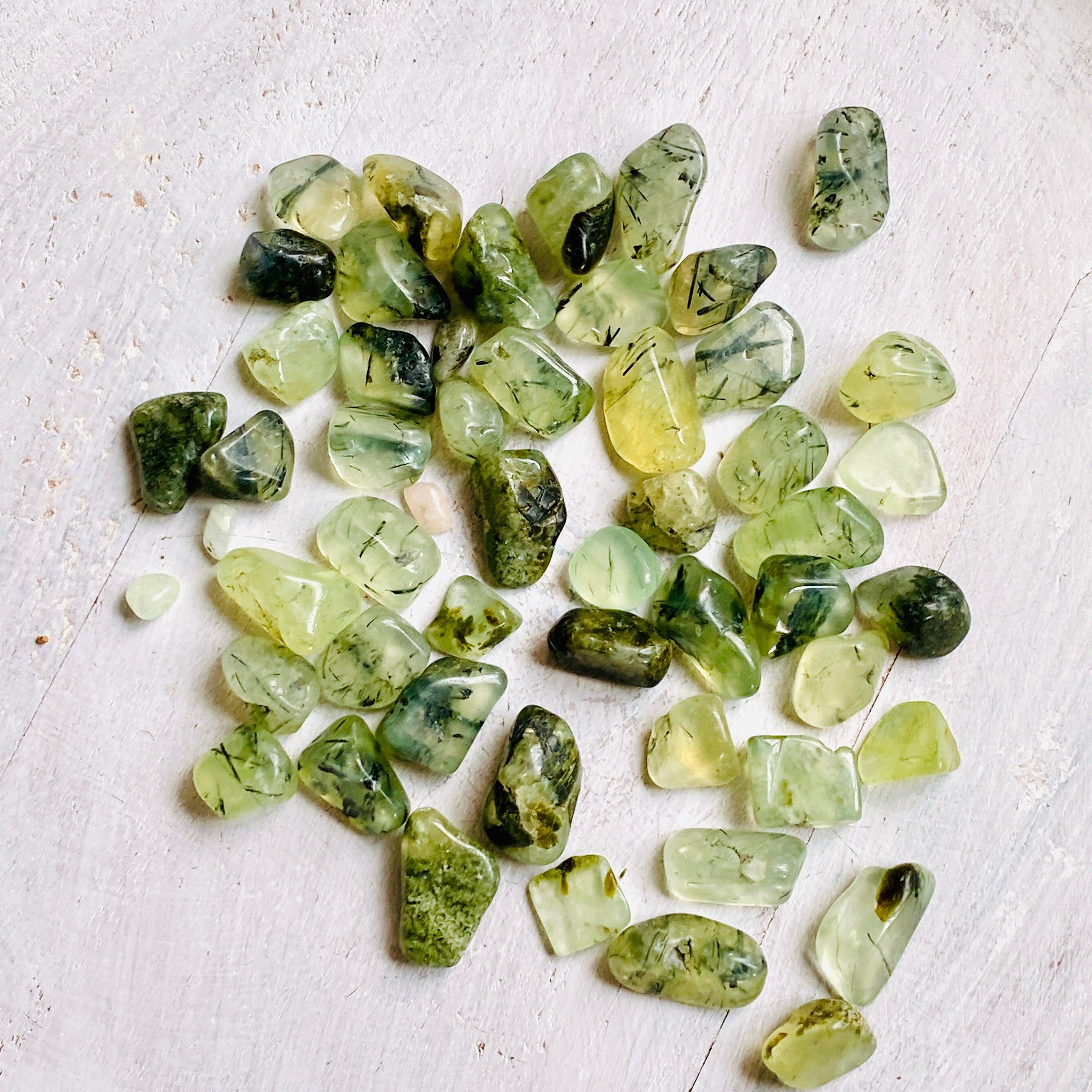 50g Mini Tumbled Prehnite with Epidote Stone Chips - Natural Healing Crystals for Meditation, Reiki & Home Decor
