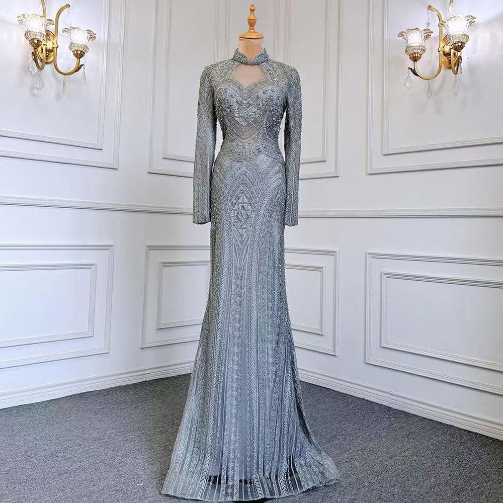Elegant Blue Muslim Mermaid Evening Gowns for Women - High Neck Beaded Luxury Dress for Party, Wedding & Special Occasions