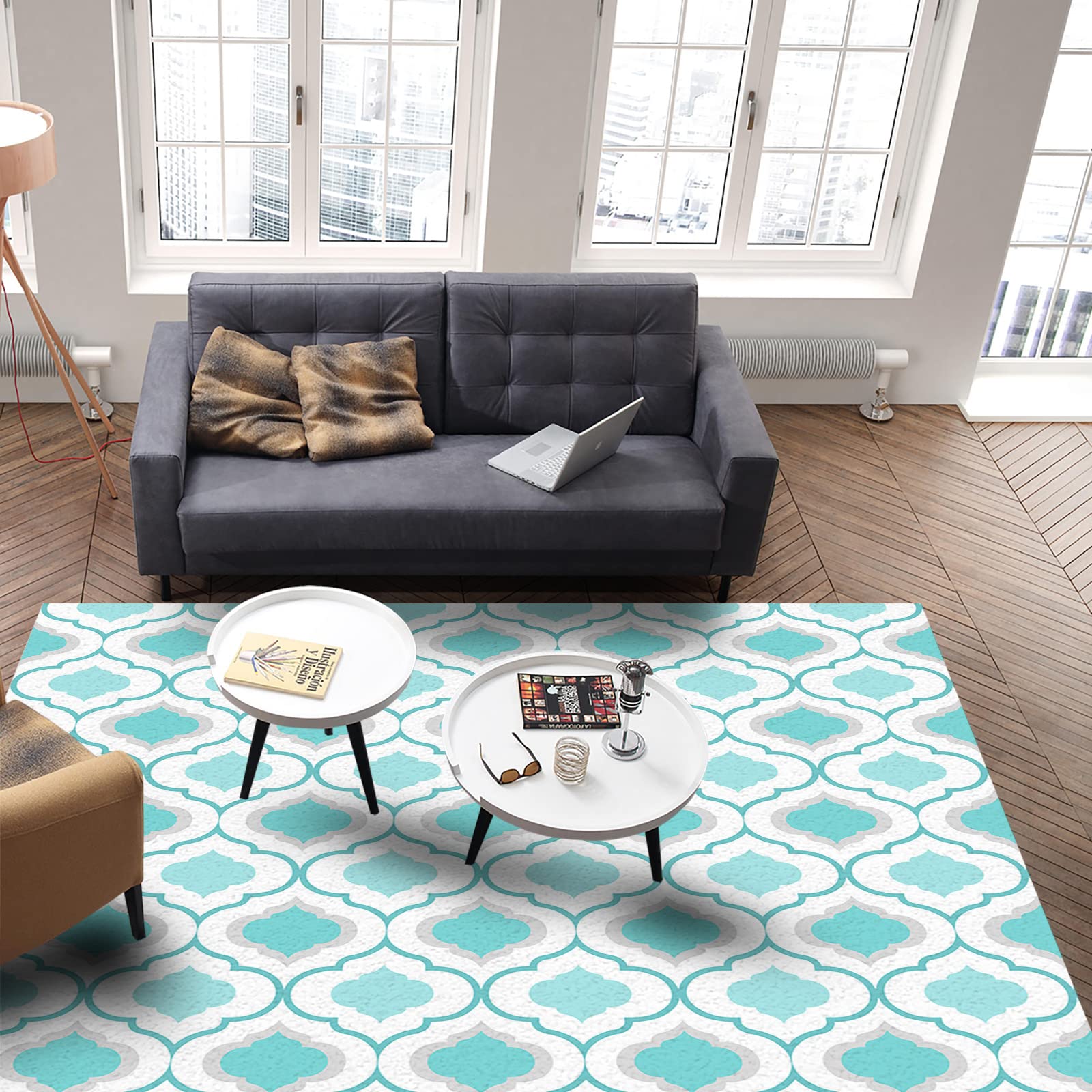 4' x 6' Blue Green Moroccan Quatrefoil Area Rug - Non-Slip Durable Rectangular Carpet for Living Room, Bedroom & Outdoor Use - Geometric Lattice Design Home Decor Floor Mat