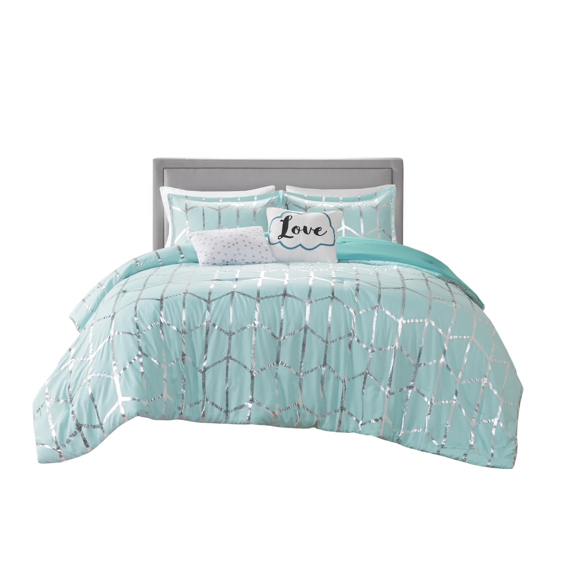 Premium Microfiber King/Cal King Comforter Set - Modern Geometric Metallic Design with 2 Shams & 2 Decorative Pillows - Ultra Soft College Bedding in Aqua Blue - Perfect for Dorm Rooms, Guest Bedrooms & Master Suites