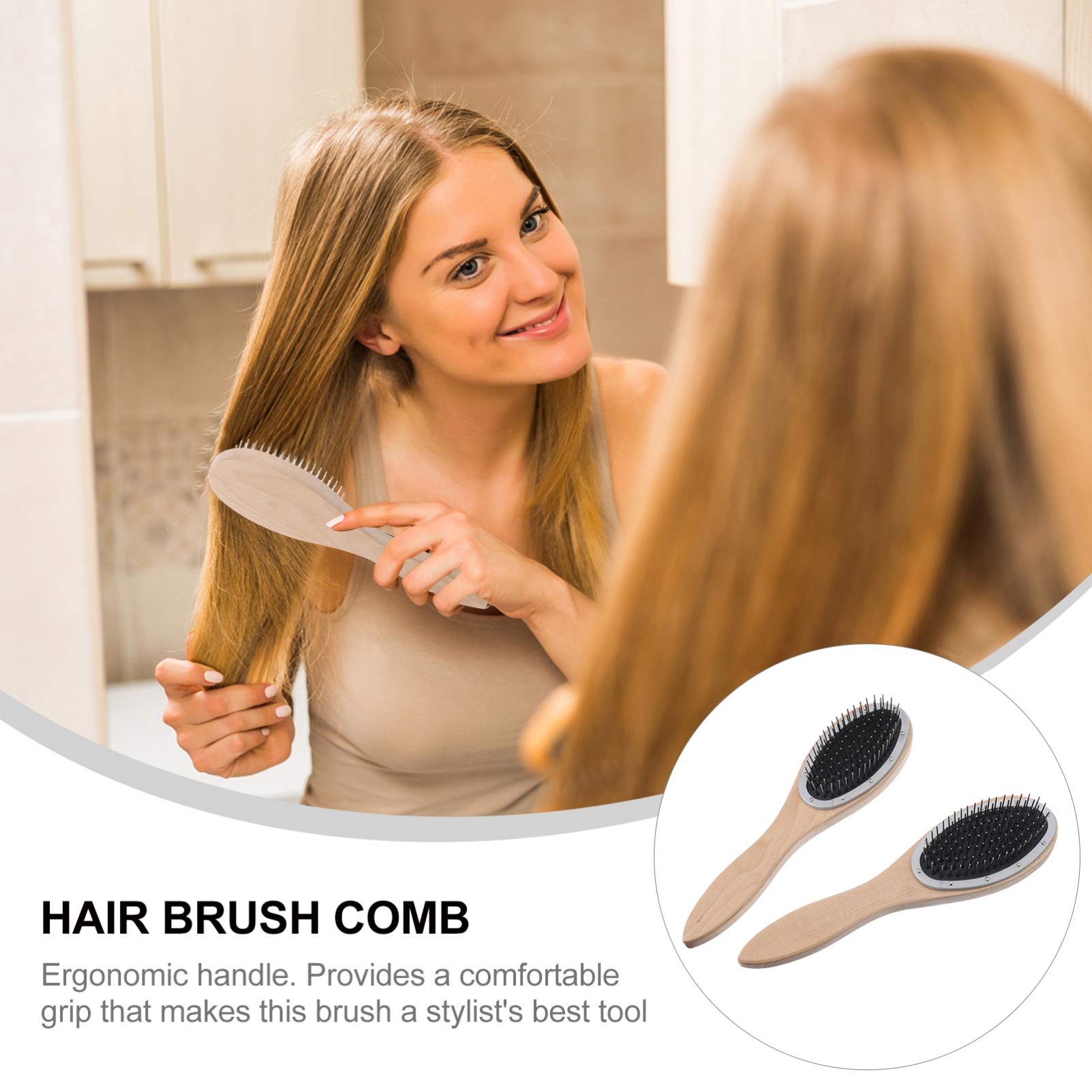 2pcs Wooden Hair Brush with Steel Bristles - Detangling Comb for Smooth Hair Care