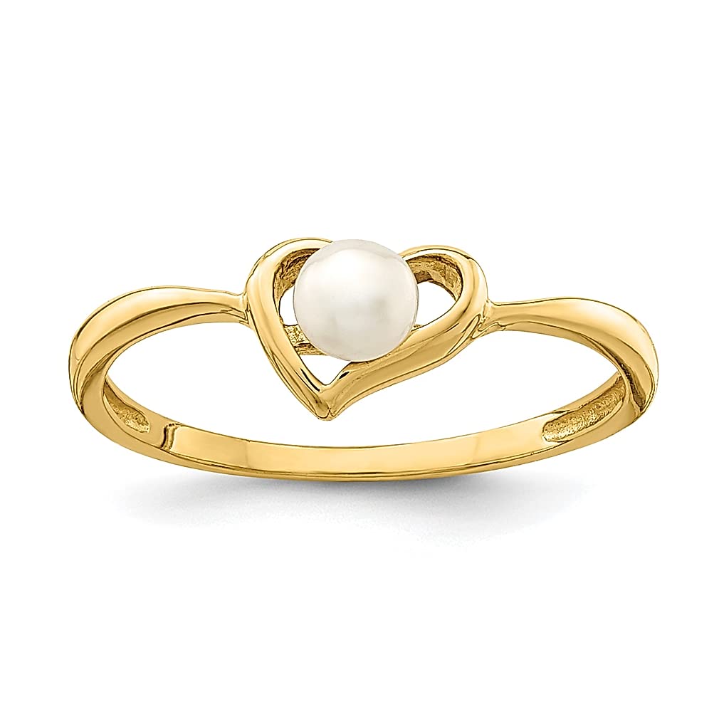 14K Yellow Gold 4mm White Button Freshwater Cultured Pearl Heart Band Ring - Size 4.00 - Baby Love Fine Jewelry for Women - Perfect Gift for Her - Valentine's Day, Anniversary, Birthday & Mother's Day Present