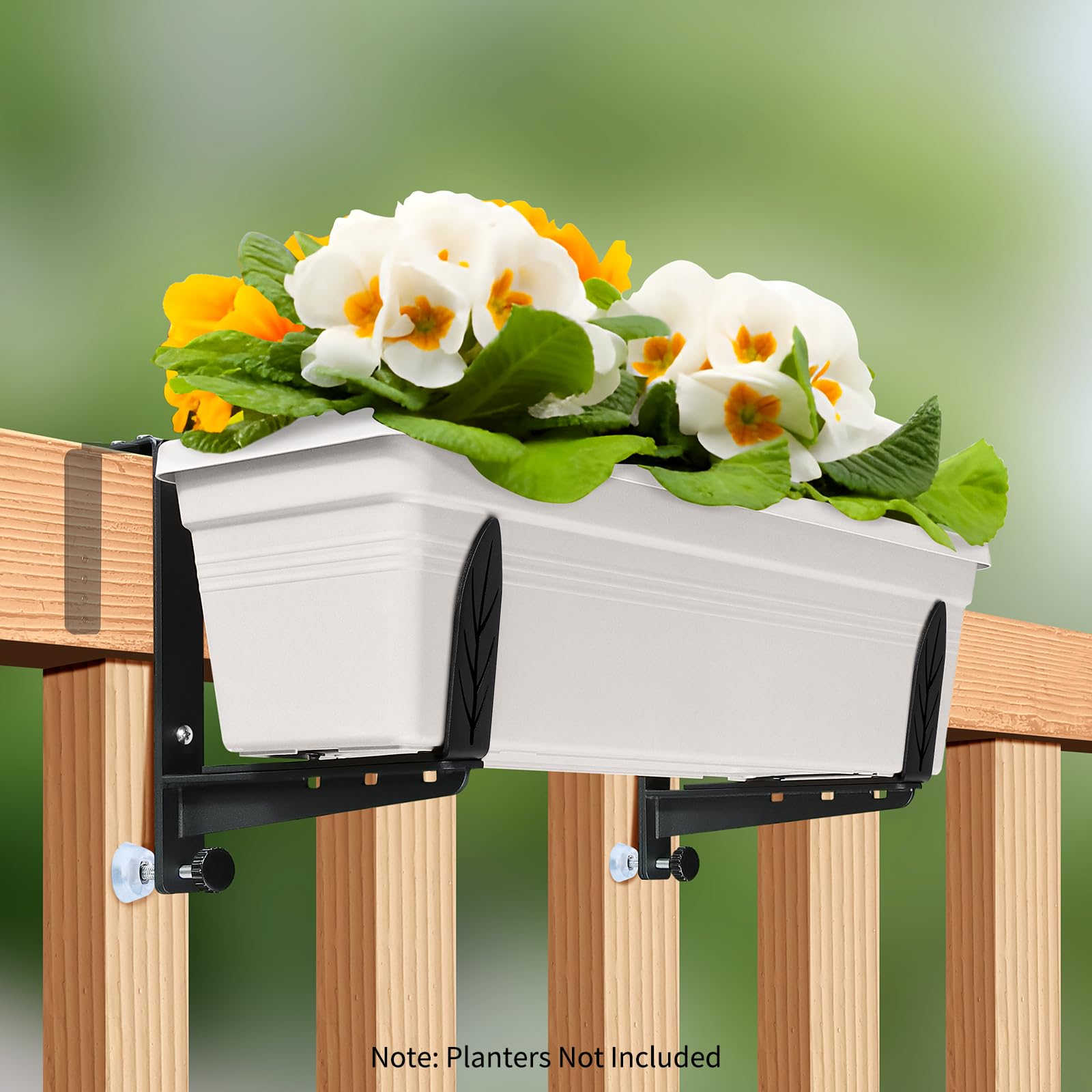 Heavy Duty Adjustable Window Box Brackets - 2 Pack Iron Planter Box Brackets with Upgraded Bottom Support for Deck Railing, Balcony, Fence & Garden - Perfect for Hanging Flower Boxes, Herb Gardens & Outdoor Decor