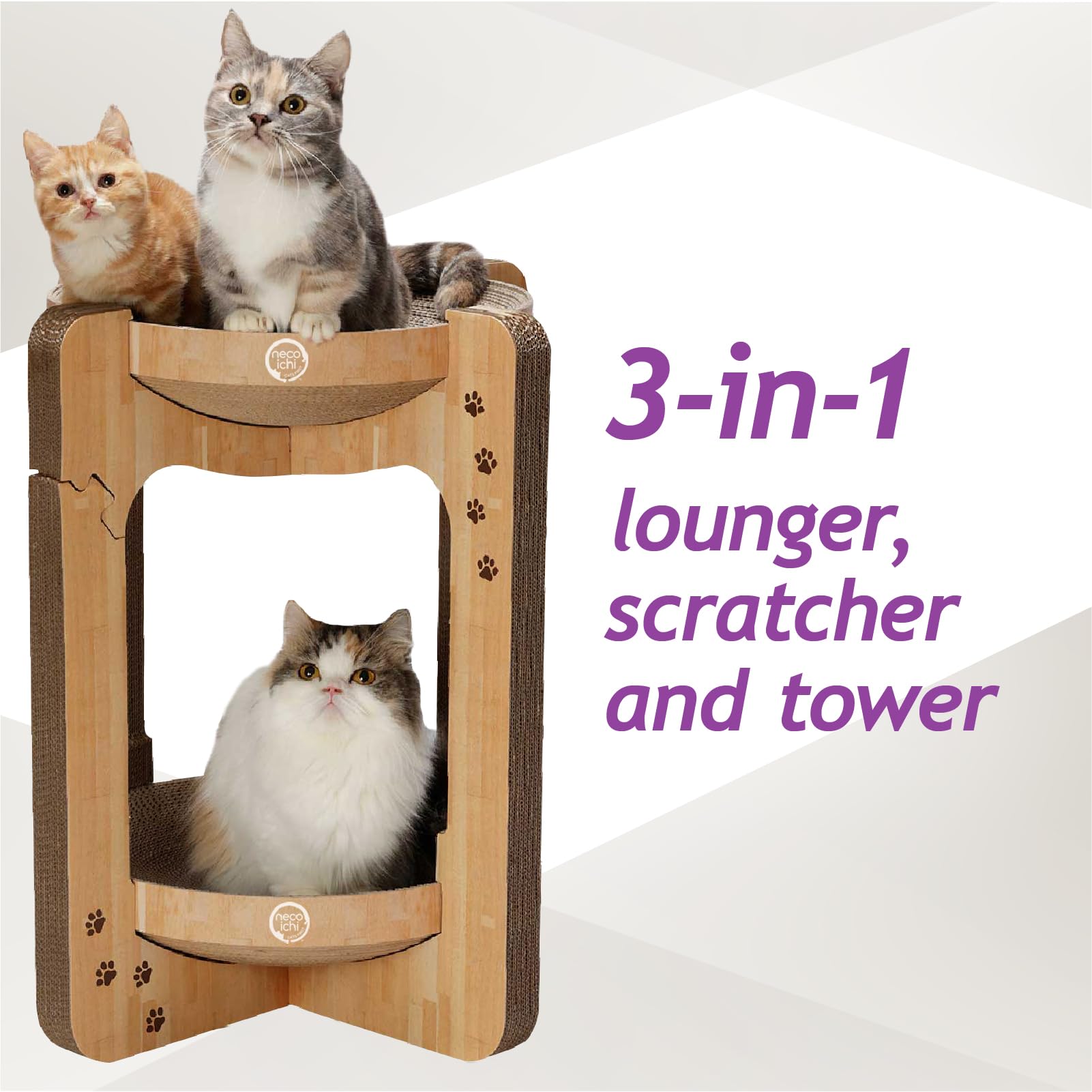 Premium Necoichi Cat Scratcher Tower for Indoor Cats - XL Oak Wood Scratching Post with Reversible Lounge Bed & Comfortable Cardboard Couch - Perfect for Playtime, Napping & Protecting Furniture