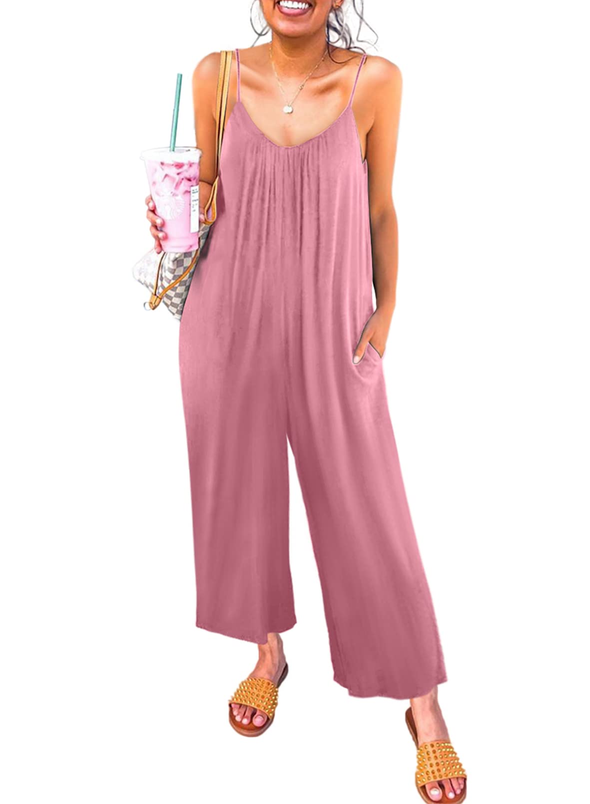 Happy Sailed Women's Casual Sleeveless Button Front Loose Jumpsuit - Stretchy Long Pants Romper with Pockets - Perfect for Summer Outings, Beach Vacations & Casual Wear