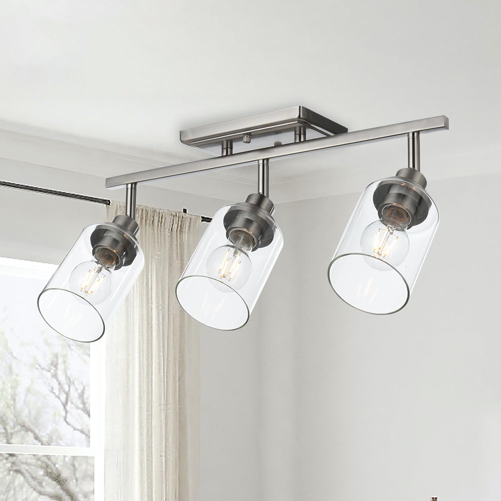 Modern Track Lighting Kit - Brushed Nickel Bathroom Vanity Light with Clear Glass Shade - 3 Adjustable Ceiling Spotlights for Kitchen, Living Room & Bedroom - Industrial Style Lighting Fixture for Home Decor