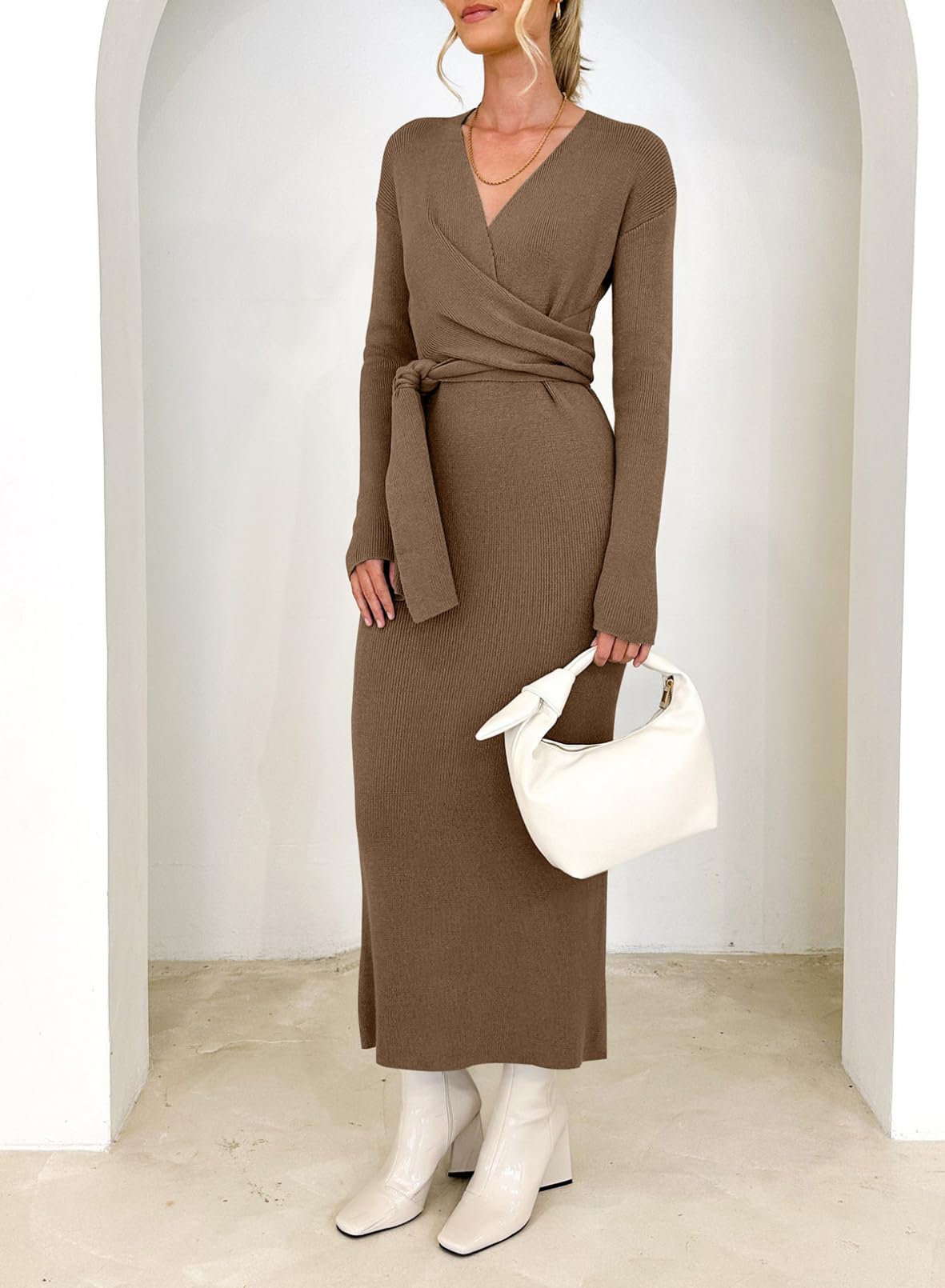 Happy Sailed Women's Knit Dress - Spring Long Sleeve Wrap V-Neck Tie Waist Ribbed Sweater Dress for Work, Date Night & Casual Outings