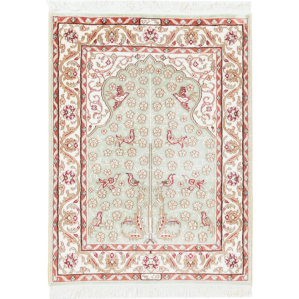 Yilong 1.5x2ft Silk Handwoven Persian Rug - Tree of Life Design Prayer Mat in Pale Green | Perfect for Home Decor, Meditation & Islamic Prayer