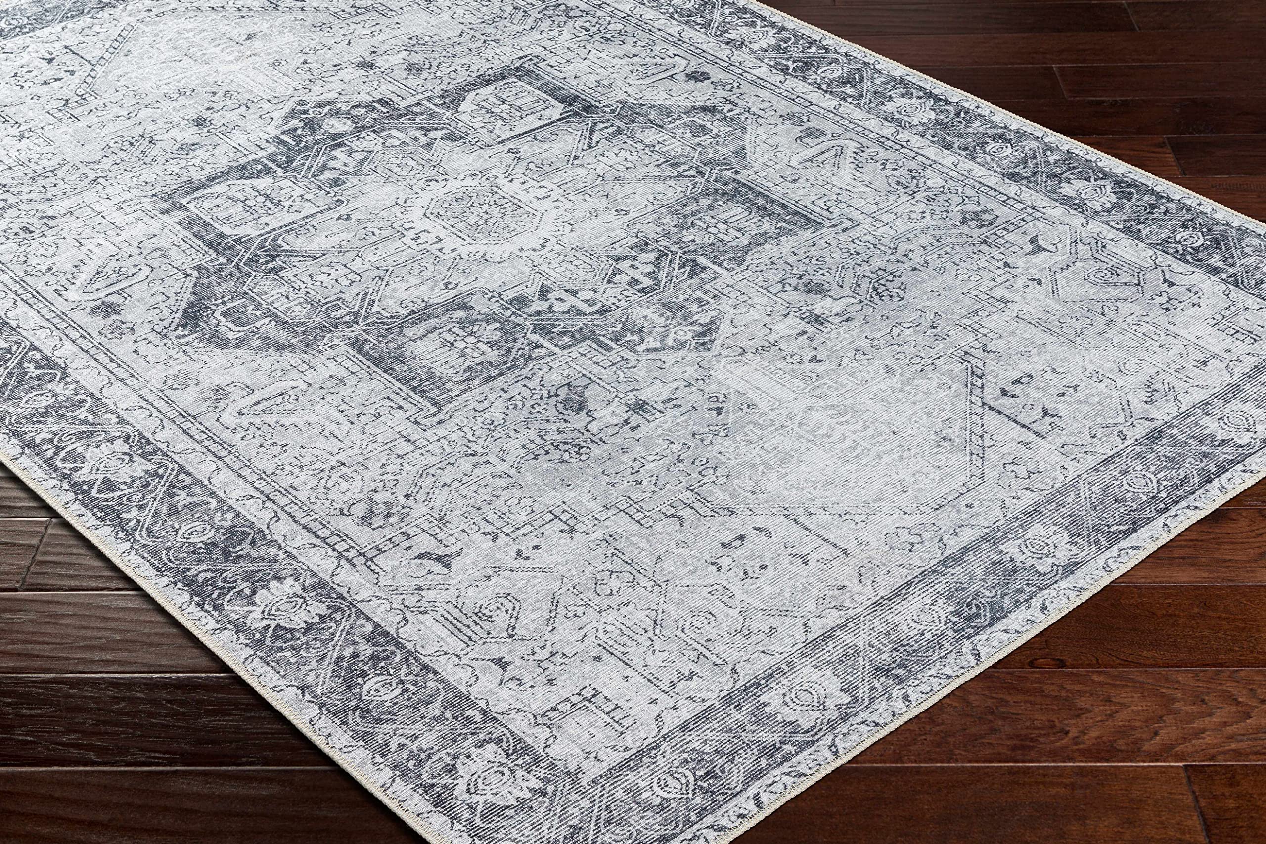 Hauteloom Kyan Washable Area Rug - Traditional Design in Gray, Black, Peach - 6'7