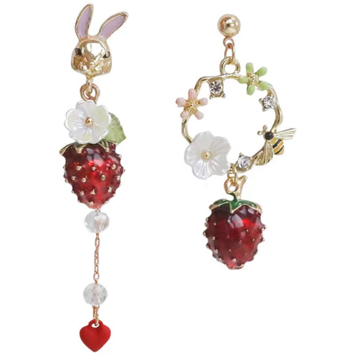 Sweet Cute Fruit Strawberry Drop Dangle Earrings for Women - Red Rhinestone Studded Simulation Strawberry Jewelry - Perfect for Summer Outfits, Parties & Casual Wear