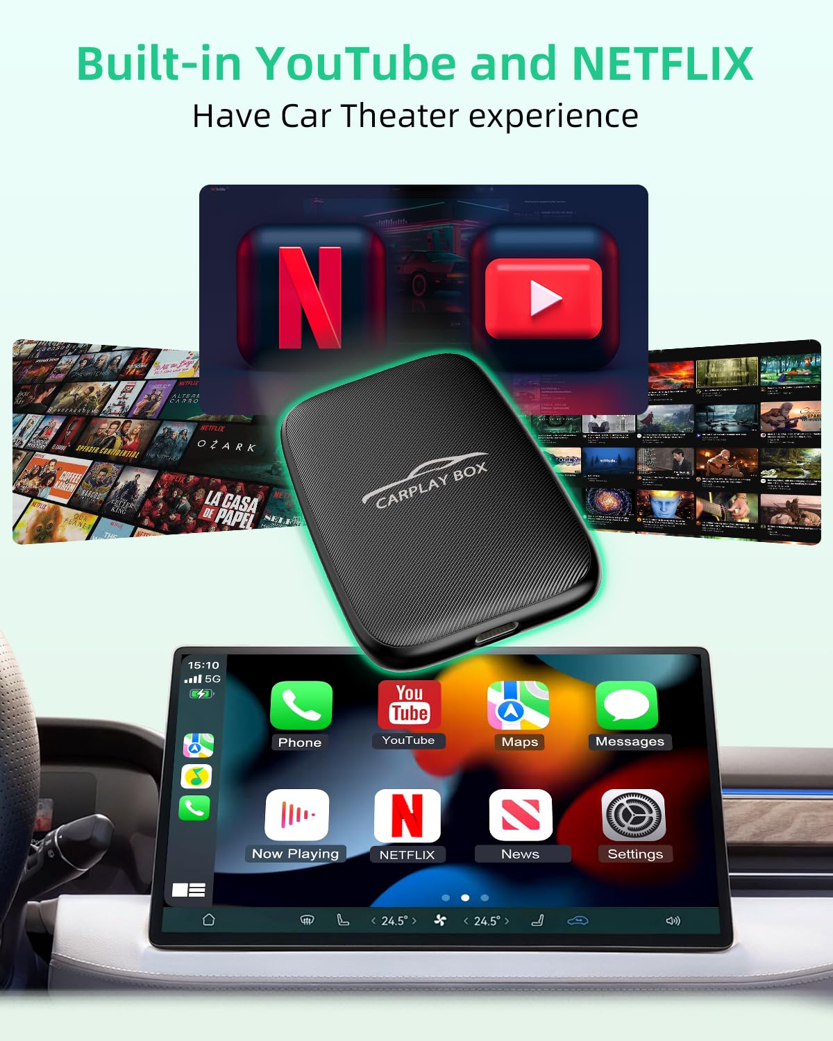 5-in-1 Wireless CarPlay Adapter with Netflix & YouTube Support | 2025 Wireless CarPlay & Android Auto Dongle | Wired to Wireless Converter | Magic CarPlay AI Box for iPhone & Android | Perfect for Long Road Trips & In-Car Entertainment