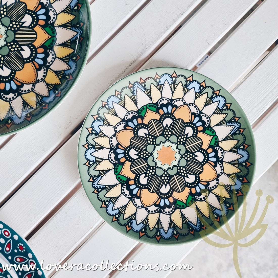 Mandala Green & White Salad Plate Set - Elegant Hand-Painted Ceramic Dinnerware for Home & Restaurant Use - Perfect for Salads, Appetizers, Desserts & Party Serving