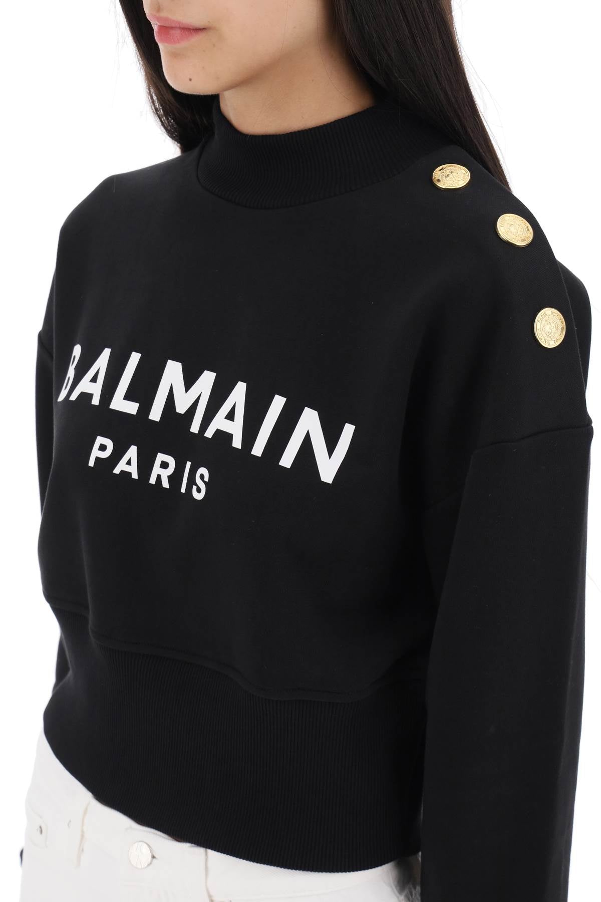 Balmain Logo Print Cropped Sweatshirt with Buttons - Stylish Casual Wear for Women, Perfect for Streetwear & Everyday Outfits
