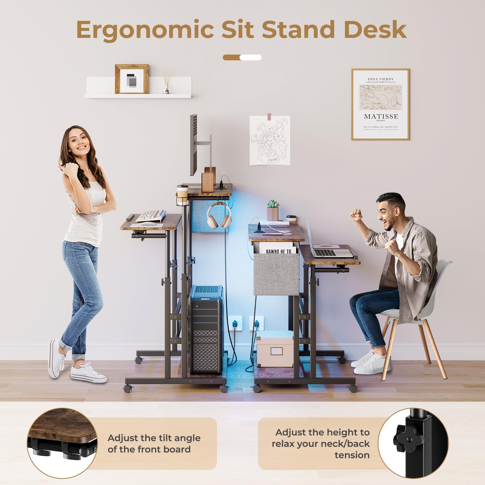 Dripex Adjustable Height Mobile Standing Desk with Power Outlets, LED Strip Lights & Storage - Rolling Computer Table with Cup Holder, Hook & Storage Bag - Perfect for Home Office, Gaming & Art Studio Workspaces