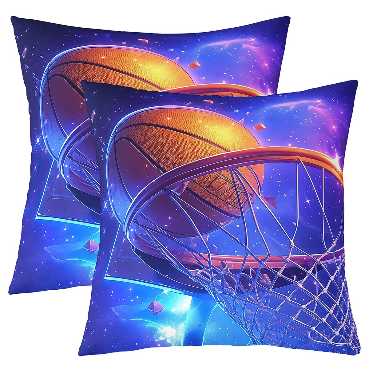 Realistic Basketball Hoop Pillow Covers 24x24 Inches Set of 2 - Watercolor Blue Starry Sky Design for Game Room, Patio & Outdoor Decor - Perfect Gift for Basketball Lovers, Kids & Adults